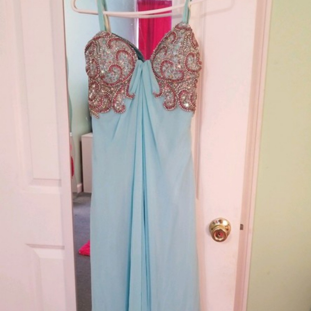 blue embellished prom dress